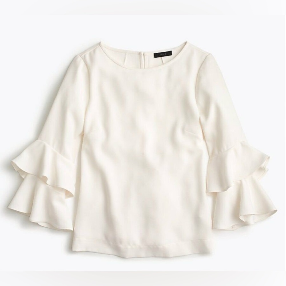 J CREW Tiered Bell-Sleeve Top in Drapey Crepe - Ivory - H2197 - Sz 0